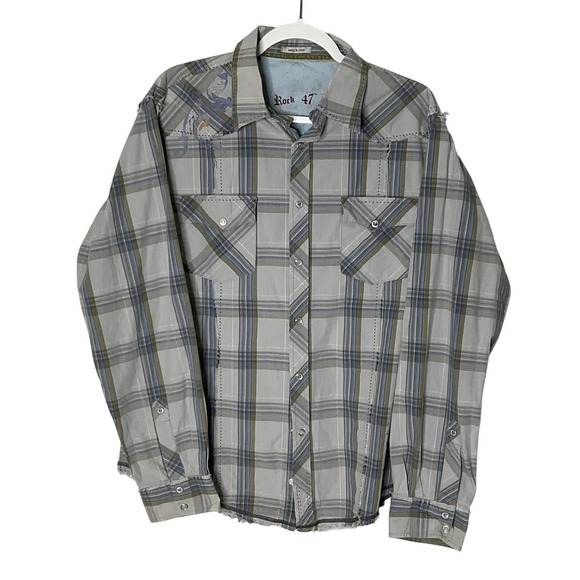 Wrangler Rock 47 Shirt Mens XL Black/Gray Plaid Western Pearl Snap W/Graphic - Picture 1 of 14